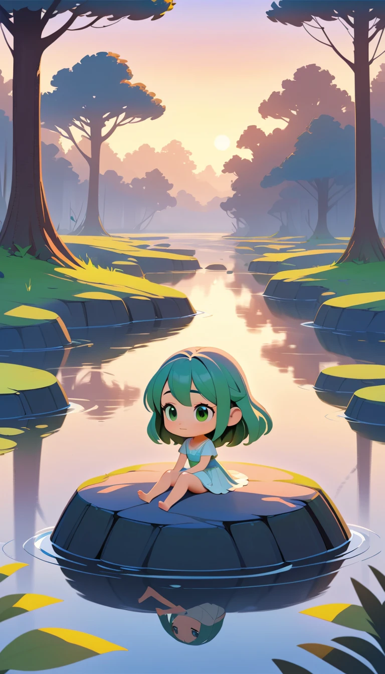 Garota chibi em uma rocha do rio ao amanhecer em aquarela suave
