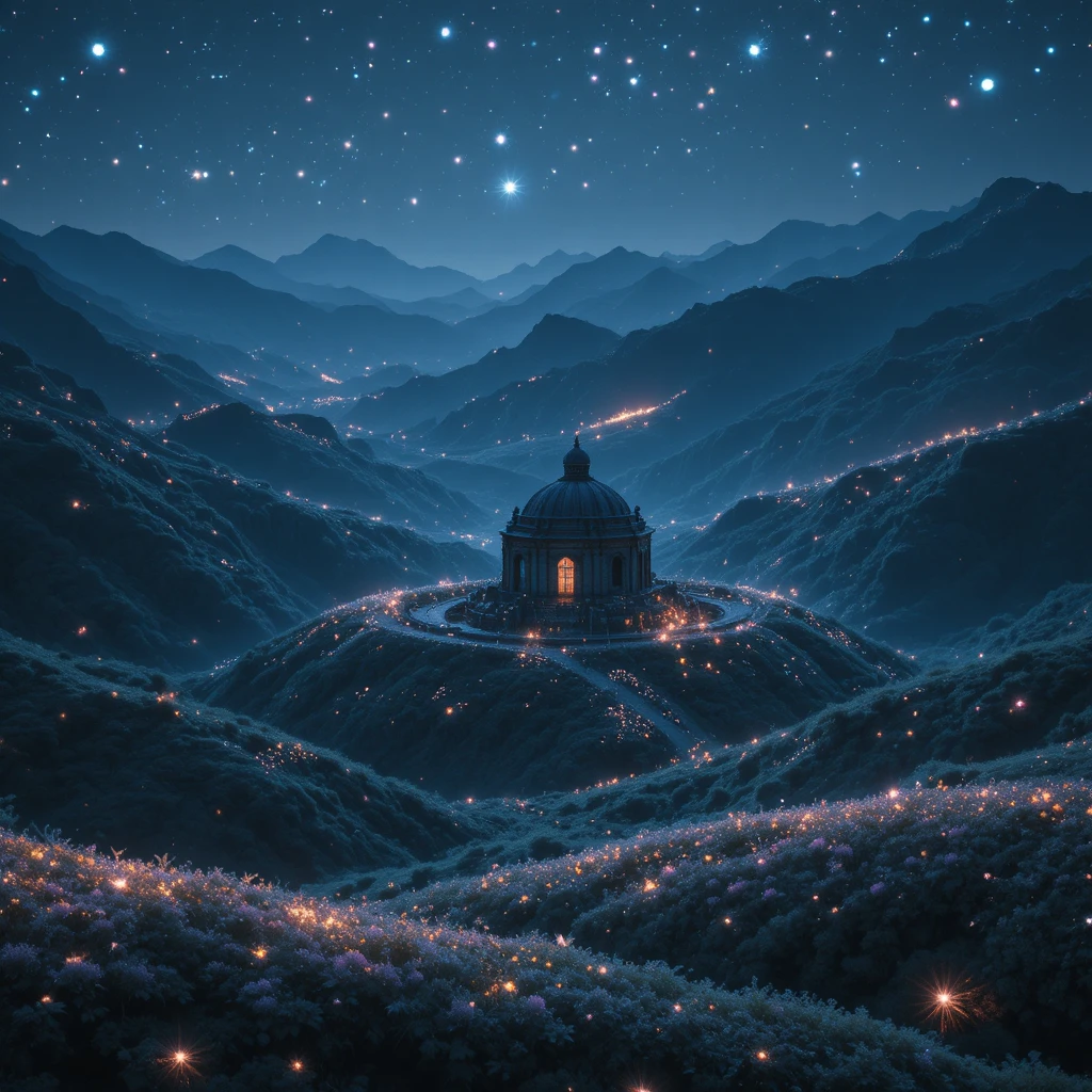Templo esquecido brilhando em um vale de luzes bioluminescentes