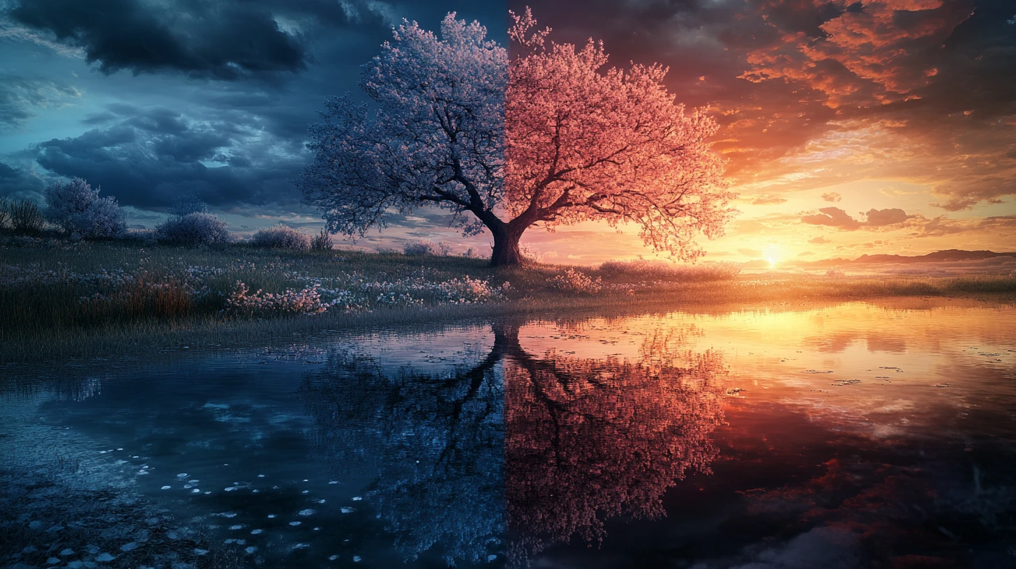 Cielo yin e yang sopra gli alberi all’alba e al tramonto