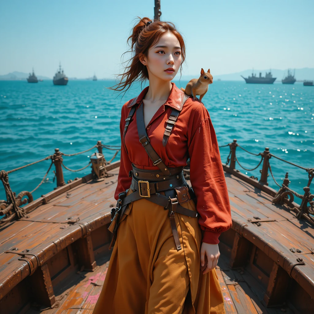 さびた外洋艦隊に立つ決意に満ちた韓国人メッセンジャー女性