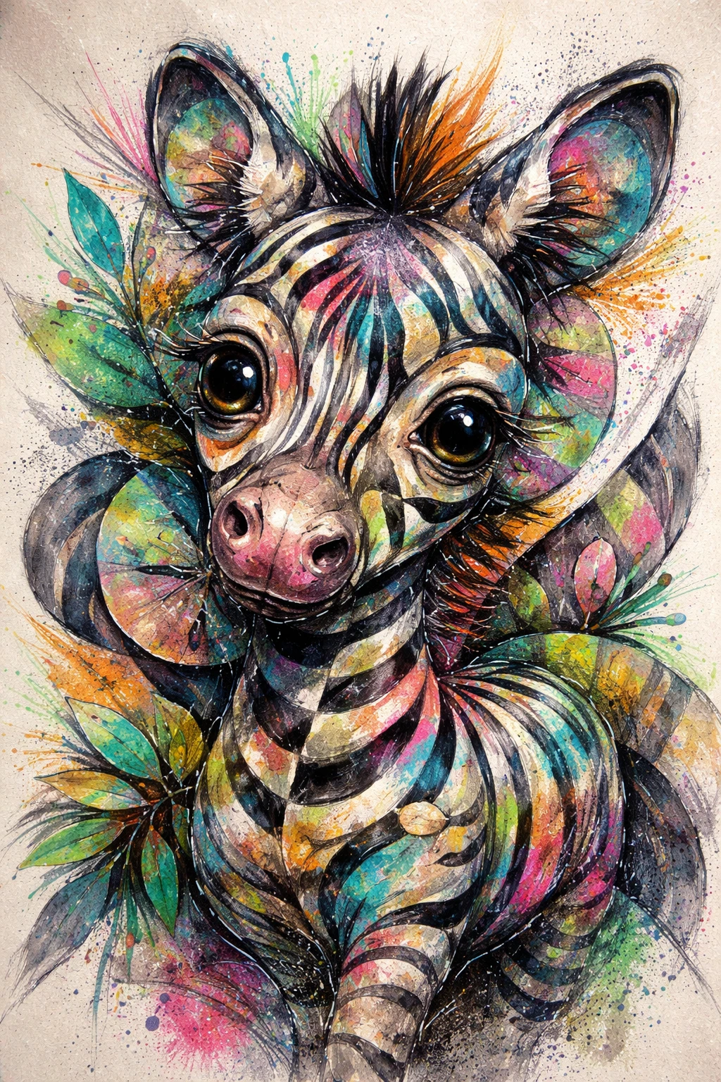Retrato abstrato cubista de filhote de zebra com texturas em neon