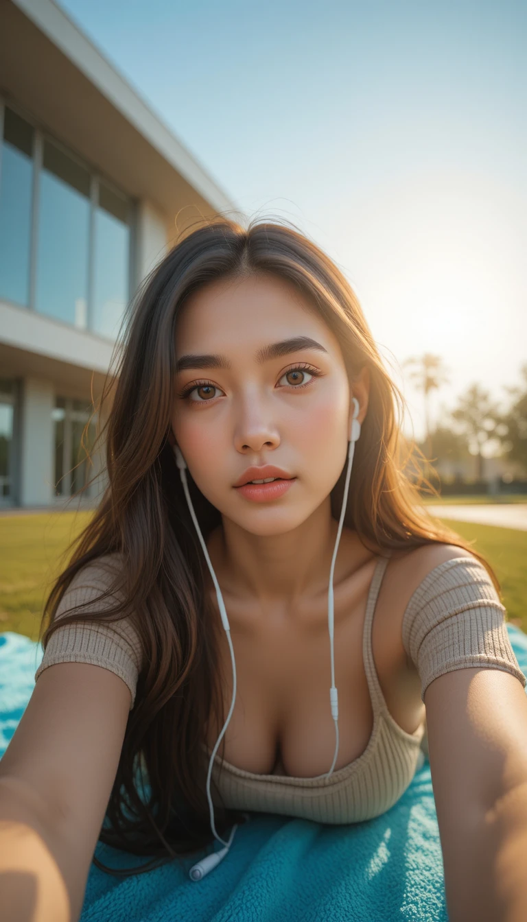 Selfie de verão de jovem mulher na luz dourada e quente do sol