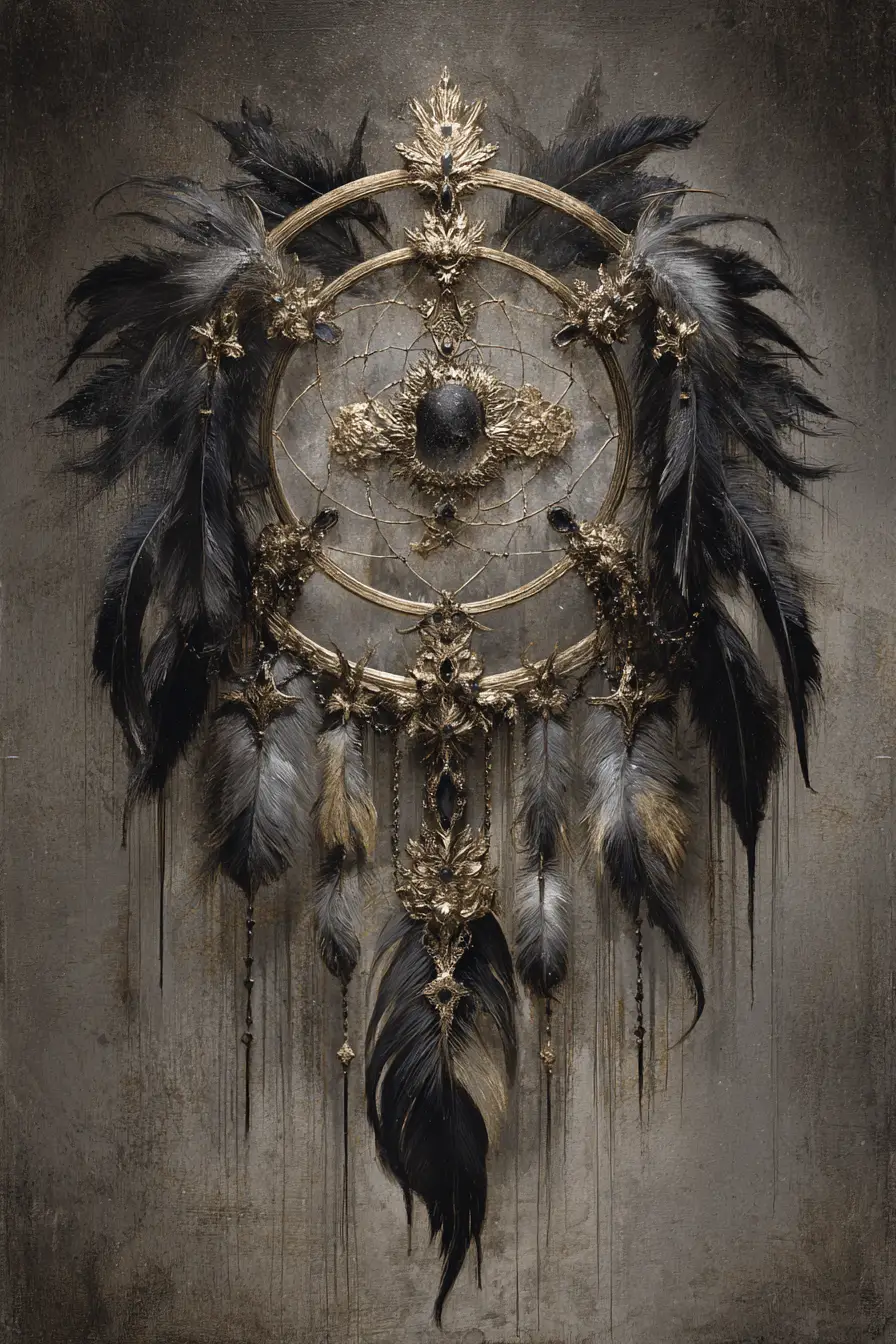Disegno gotico di acchiappasogni con accenti in oro e gemme