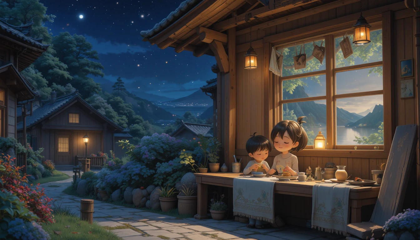 Cozy fantasy village at night by a starlit window