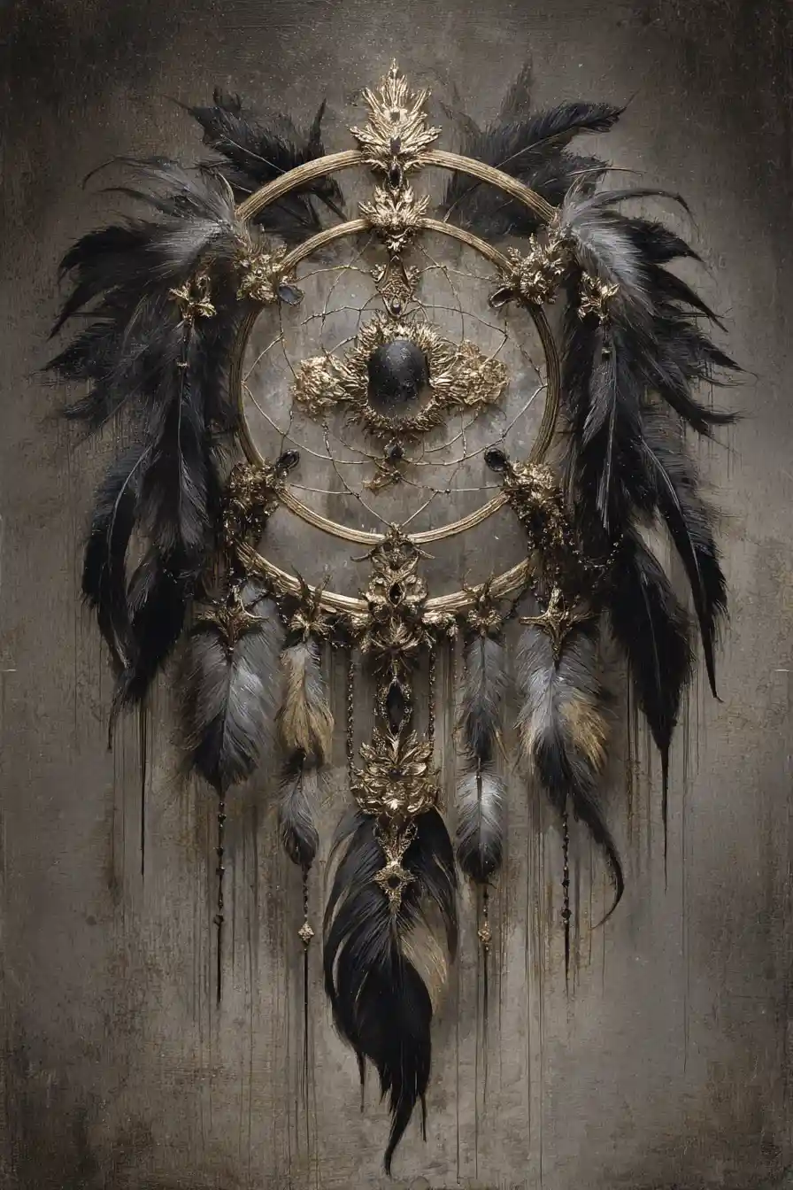 Gothic dreamcatcher drawing with gold and gemstone accents
