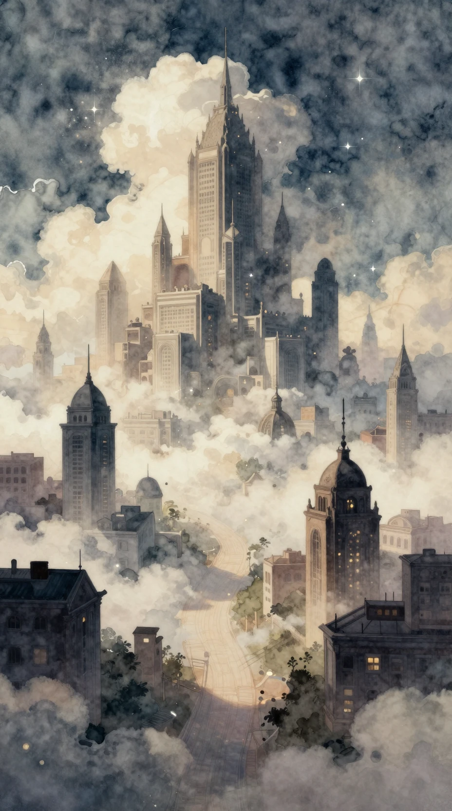Cidade celeste surreal com torres de nuvens e caminhos estrelados
