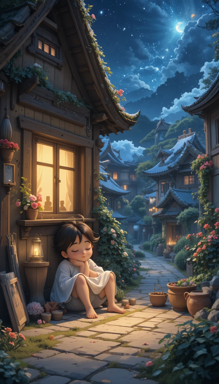 星空窗邊的溫馨村莊黃昏 3D 插畫