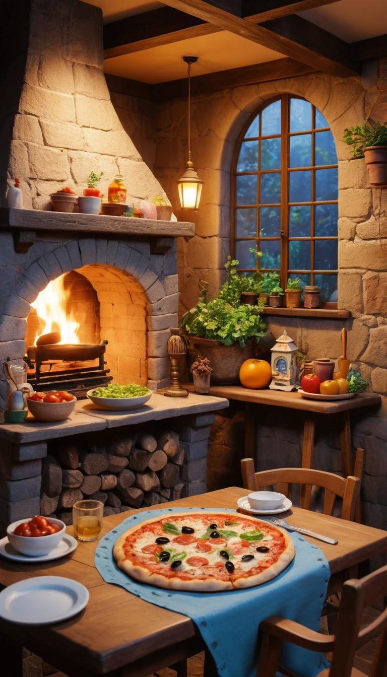 Acogedor pueblo de fantasía en un día tranquilo para una fiesta de pizza