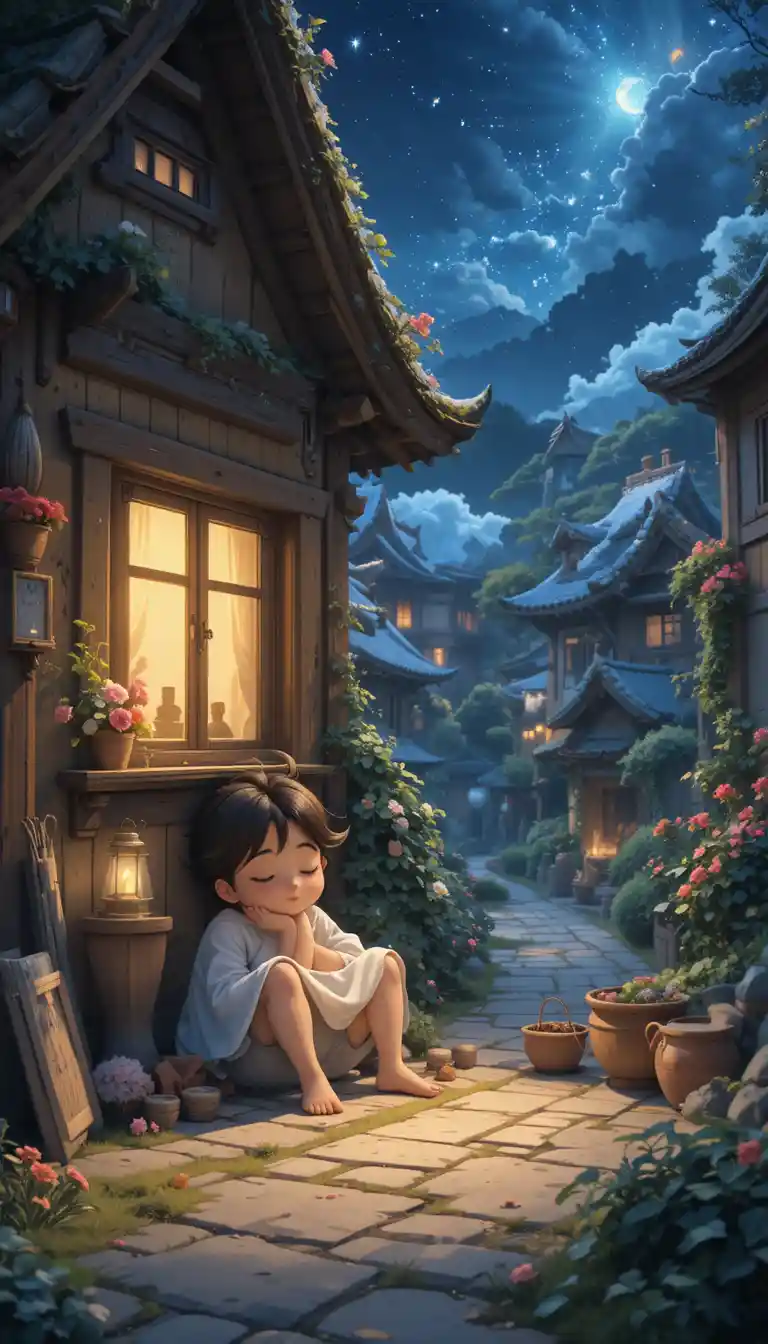 Cozy village evening by a starlit window in 3D illustration