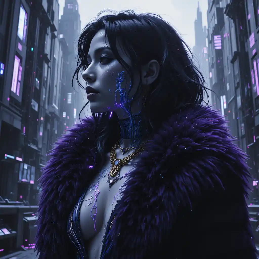 Primer plano cyber noir de heroína con tatuajes luminosos en el pecho