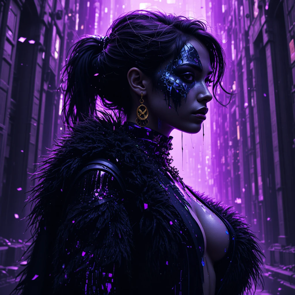 Cyber noir close up of heroine in glitching neon uniform