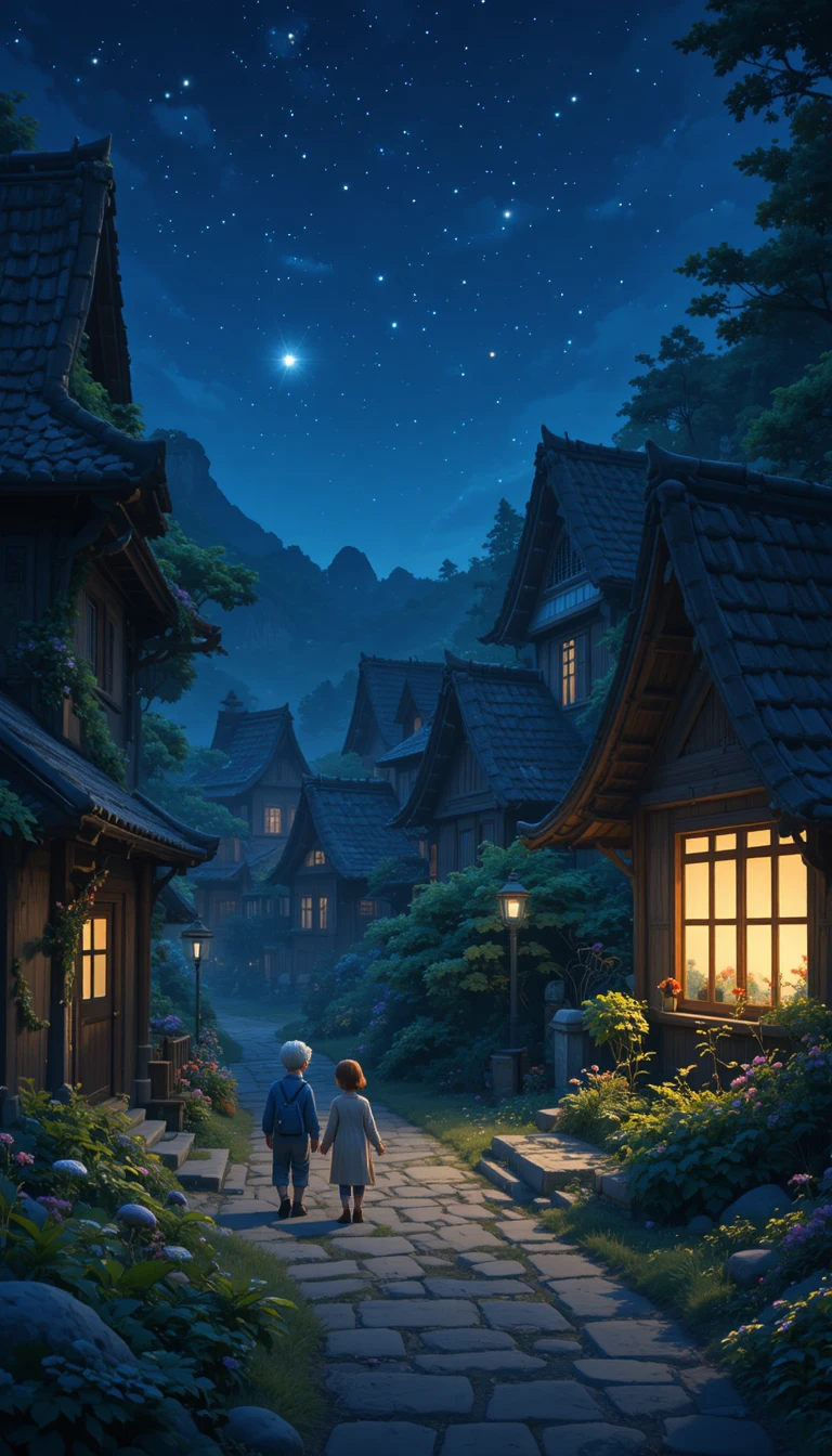 星明かりの窓辺にたたずむ夜の居心地のよいファンタジー村