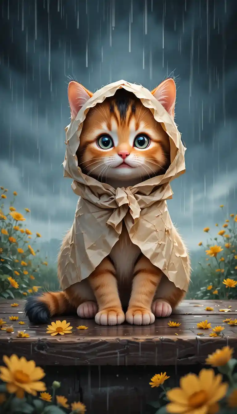 Curious kitten under crumpled paper in the gentle rain