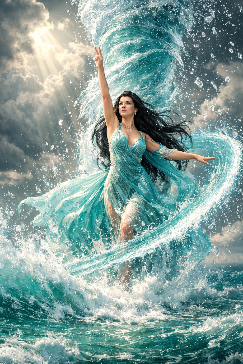 Water sorceress rising from a stormy turquoise ocean
