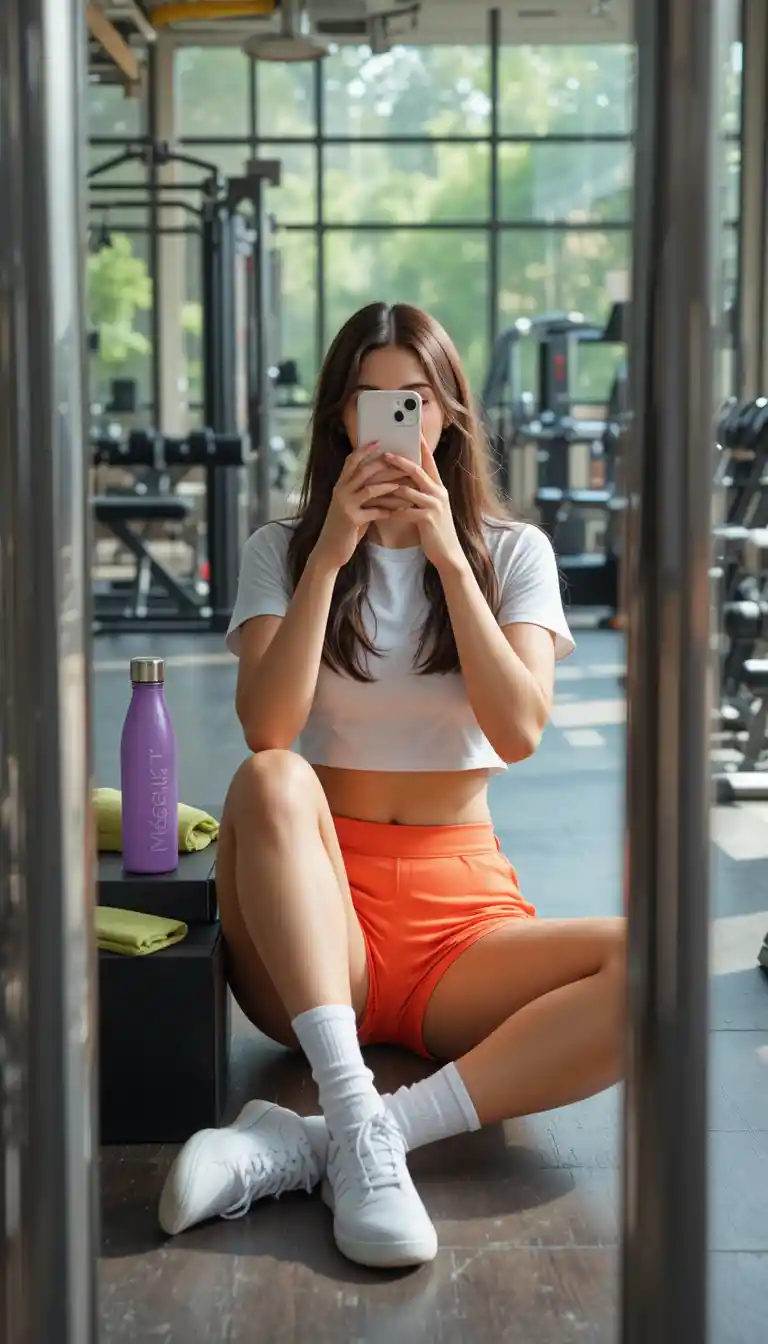 Giovane donna che si scatta un selfie allo specchio sul pavimento della palestra