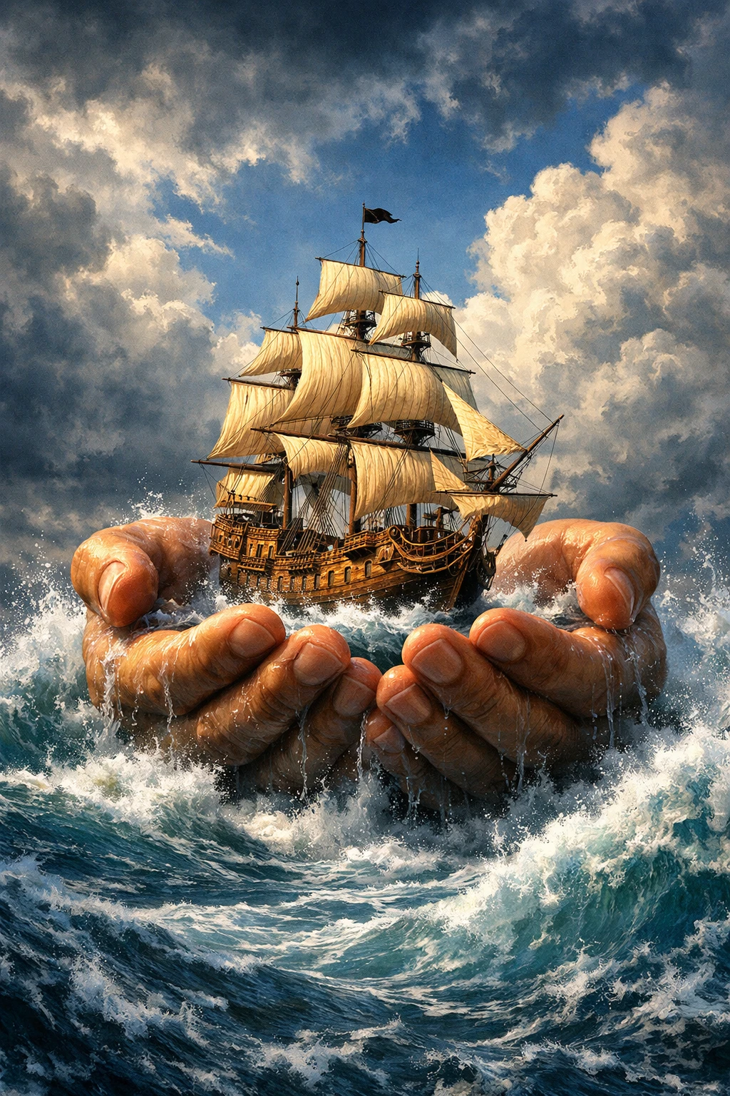 Mani colossali sorreggono una nave a vela tra le onde di un oceano in tempesta