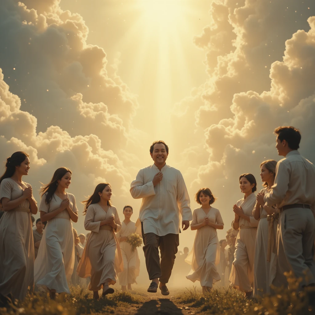 Man descending from heaven toward his emotional family