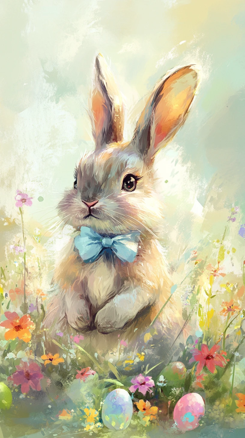 Coelho fofo com ovos de Páscoa em um campo de flores em aquarela
