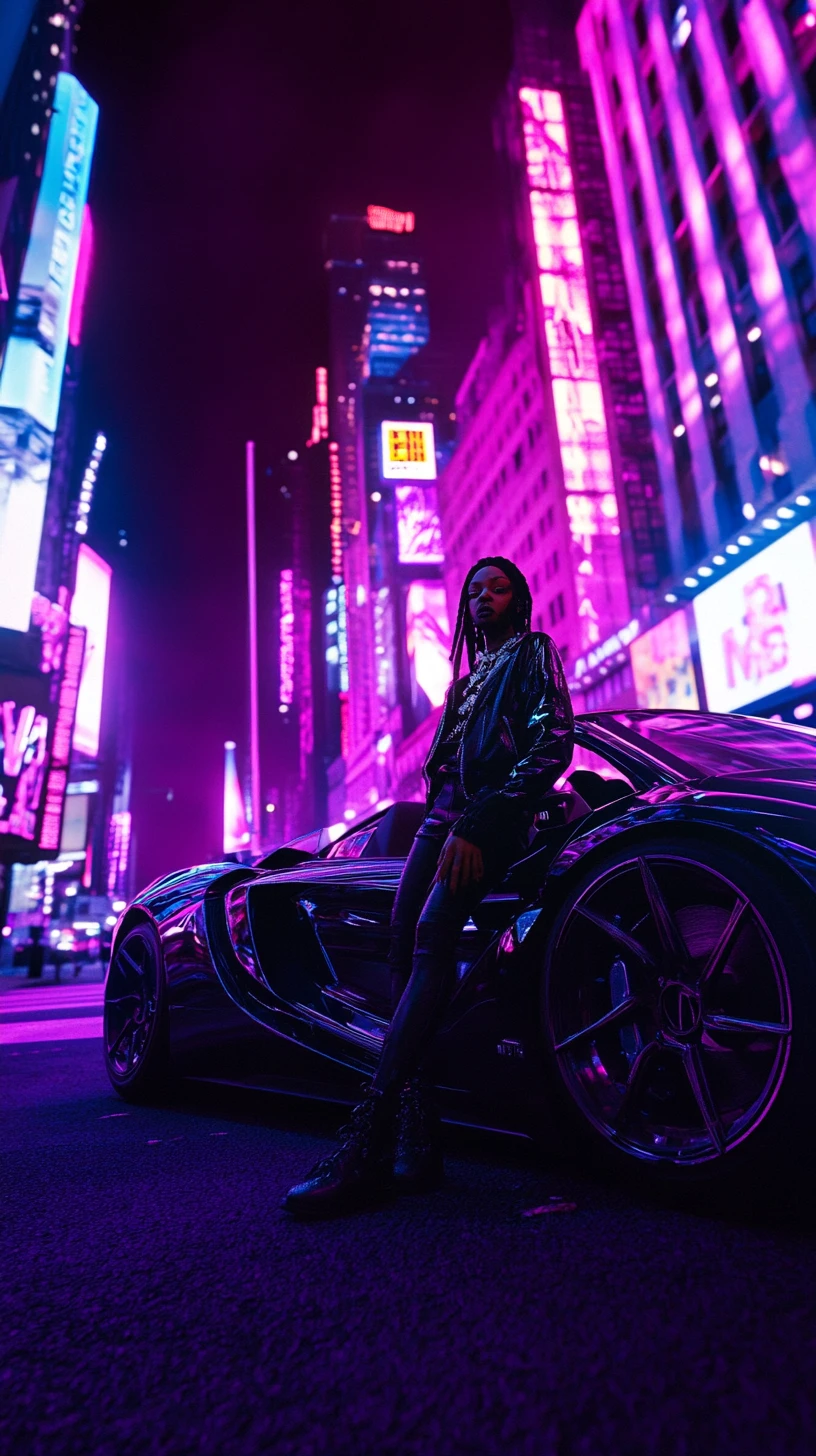 Convertible reversing on a big city street at night