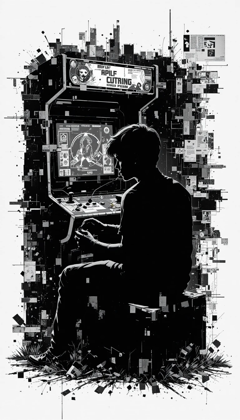 Teenager Silhouette Playing Retro Arcade Game In Glitch Style