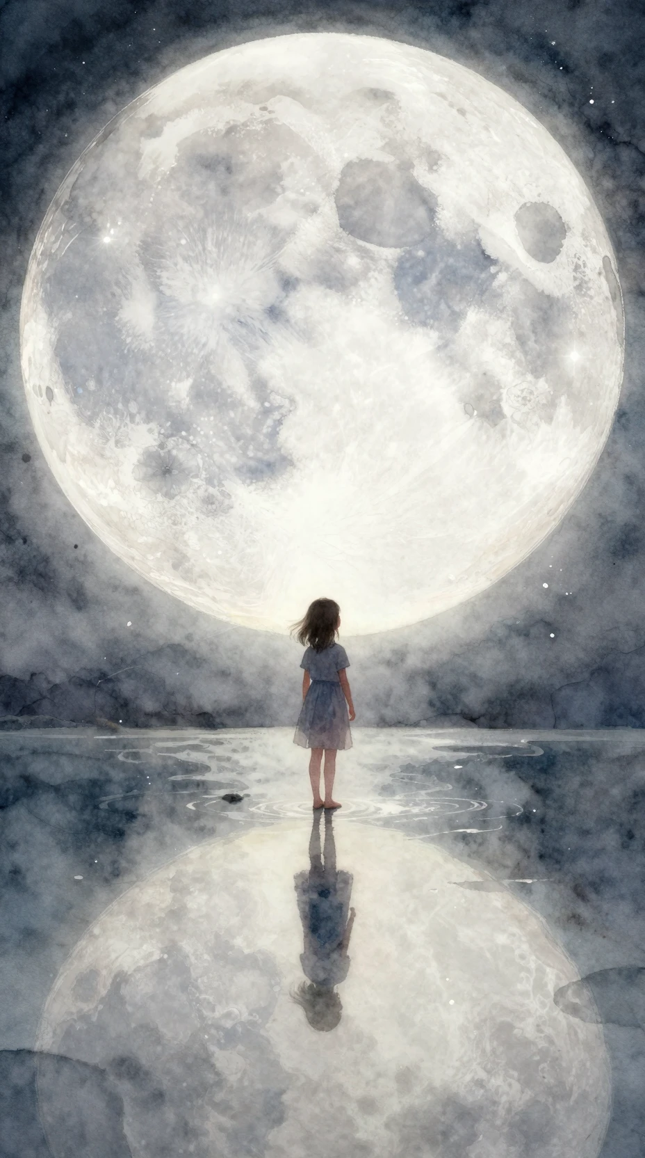 Menina em pé sobre água ao luar sob uma lua gigante
