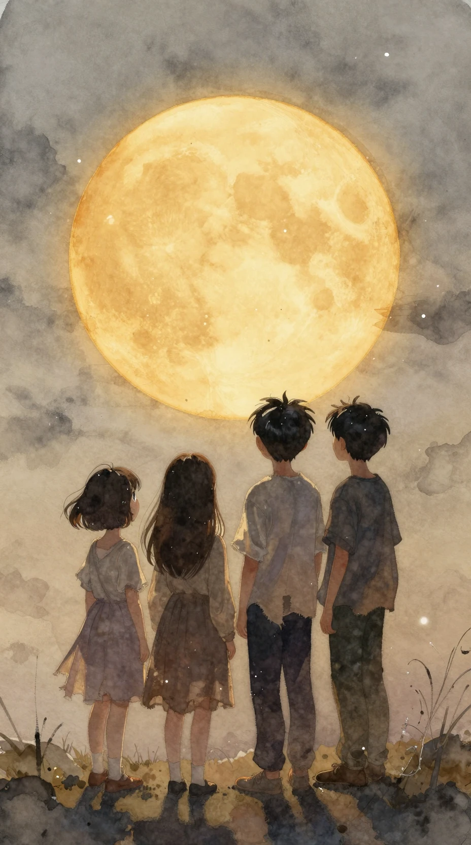 Watercolor survivors gaze at a massive golden sun