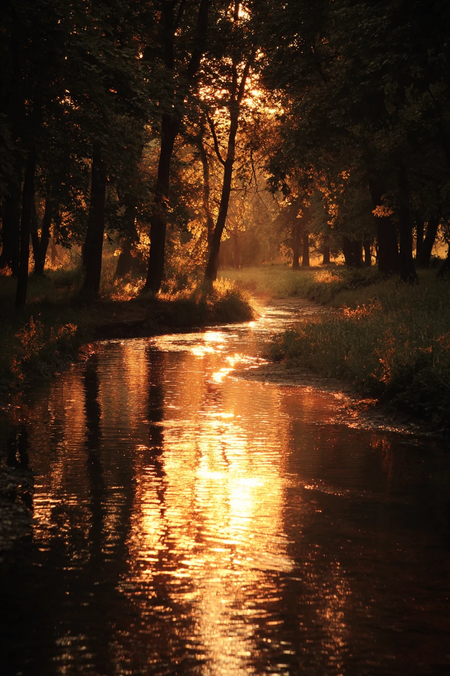 Goldener Sommernachmittag am Fluss unter hohen Bäumen