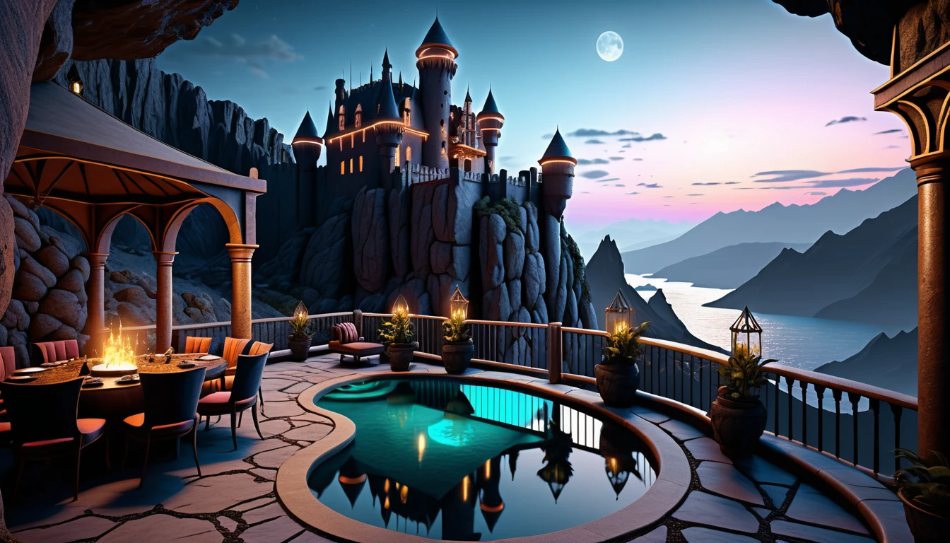 Lounge de varanda luxuoso com vista para um castelo sombrio na montanha
