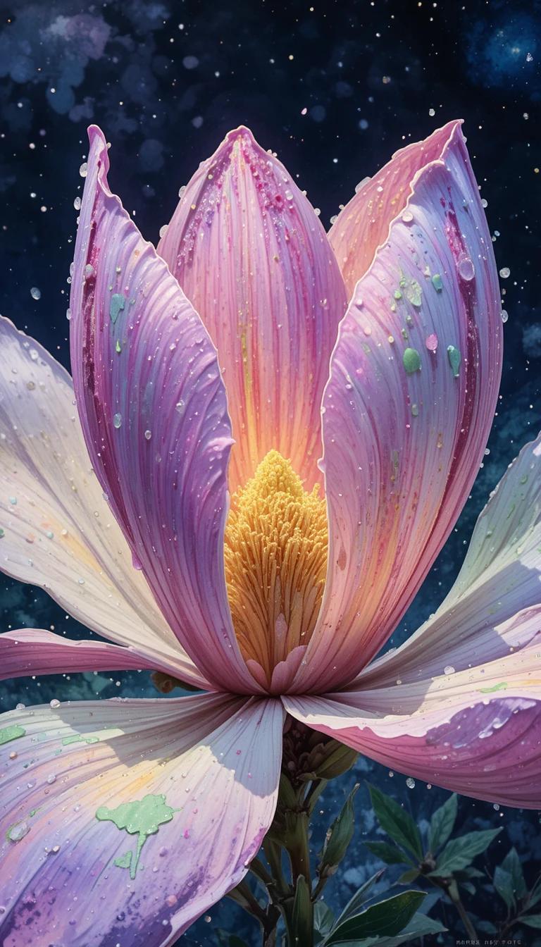 Blooming magnolia flower against a dark starry night