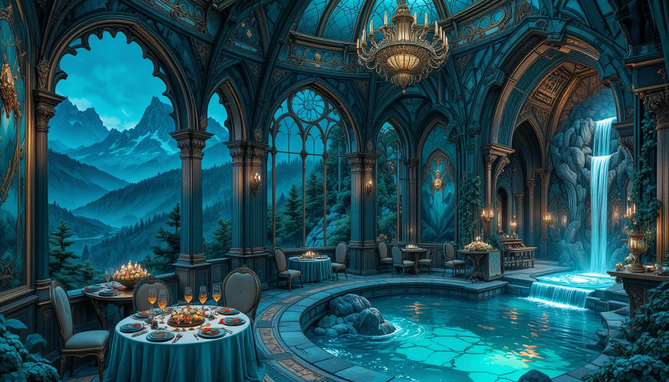 Dîner luxueux sur un balcon d’un château de montagne fantastique