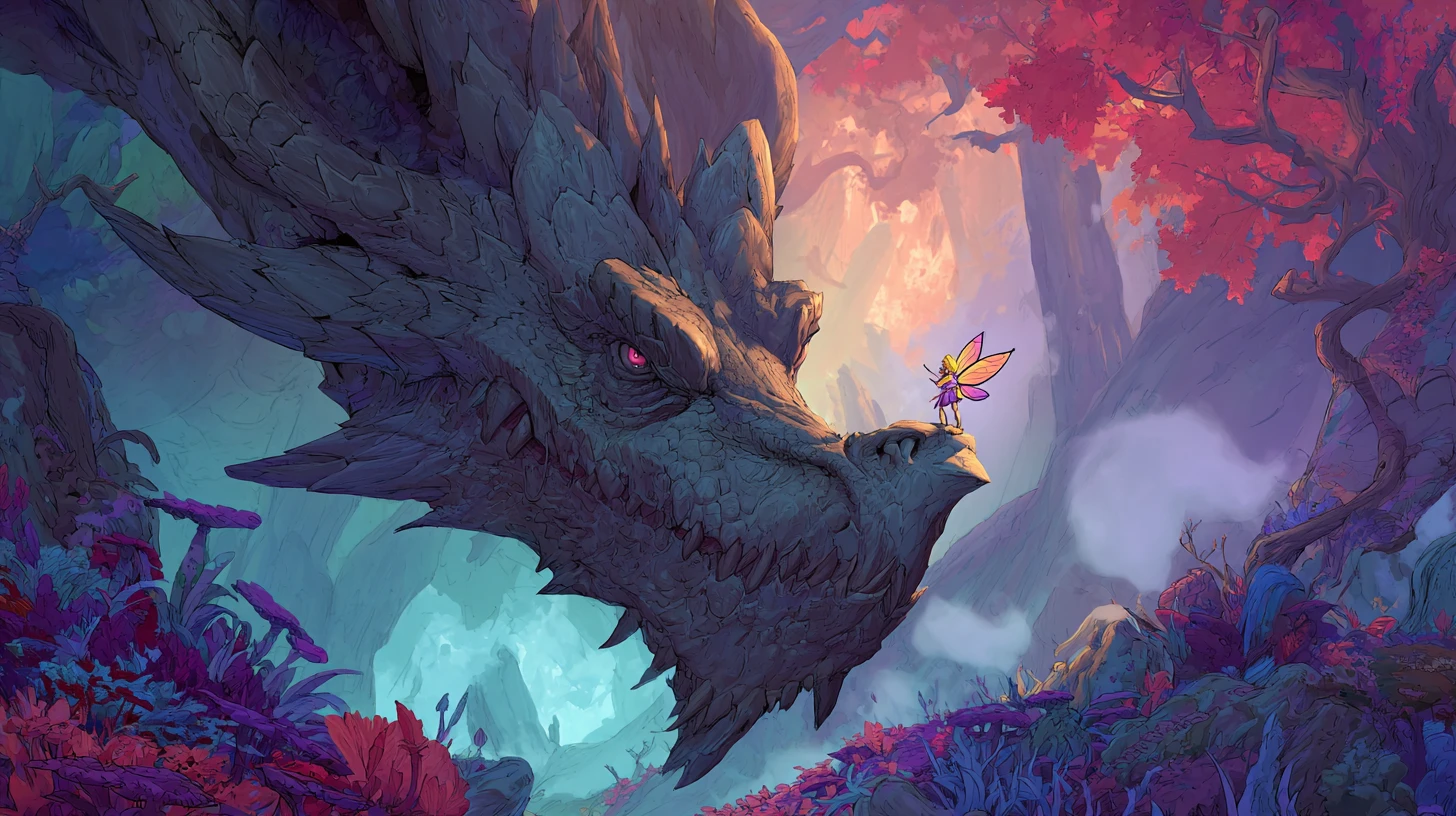 Fiery dragon and tiny fairy at a cave entrance