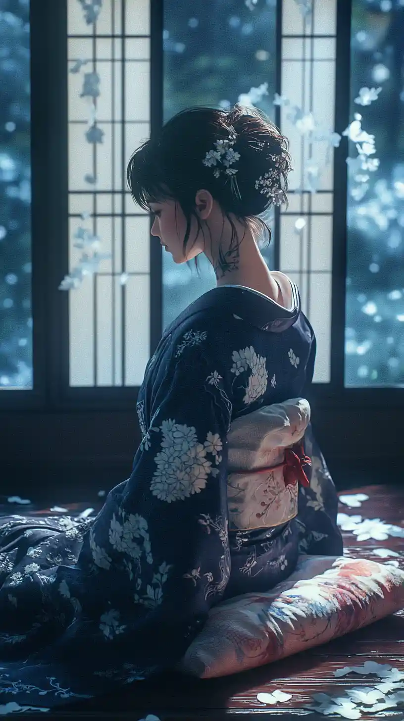 Jeune femme en kimono indigo près d’une fenêtre shoji au clair de lune