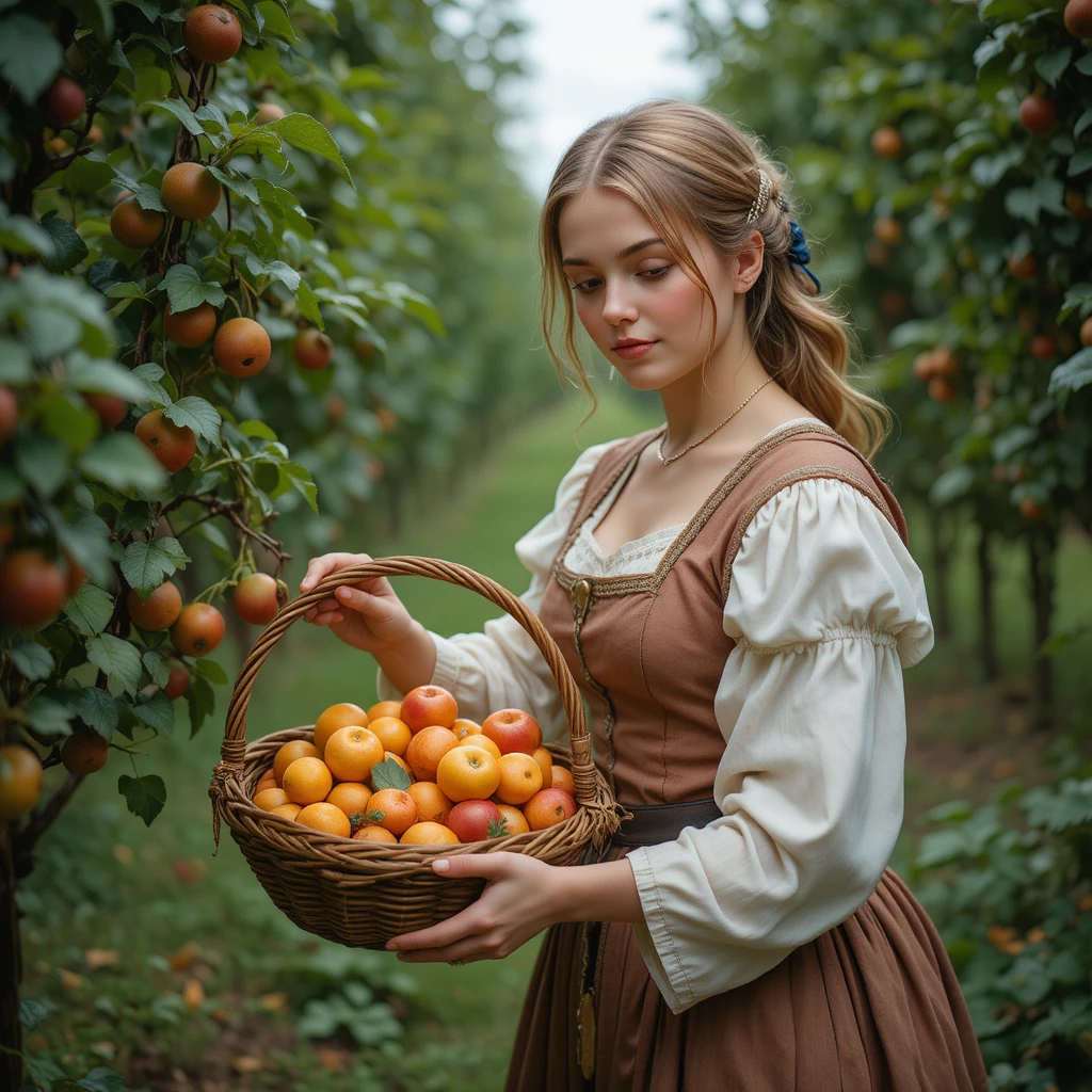 Mulher medieval colhendo frutas em um pomar verde e silencioso