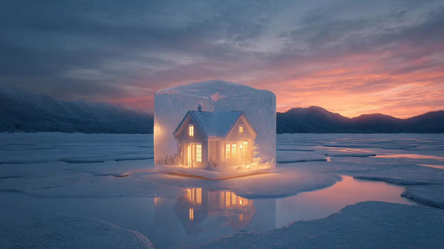Winziges leuchtendes Haus im Eis bei verschneitem Sonnenuntergang