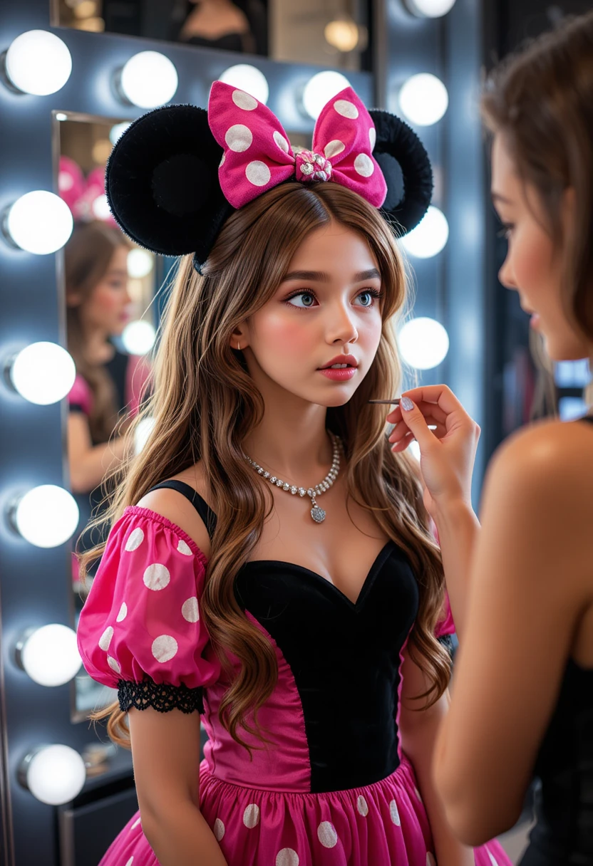 Apprehensive boy in pink Minnie dress at makeup mirror