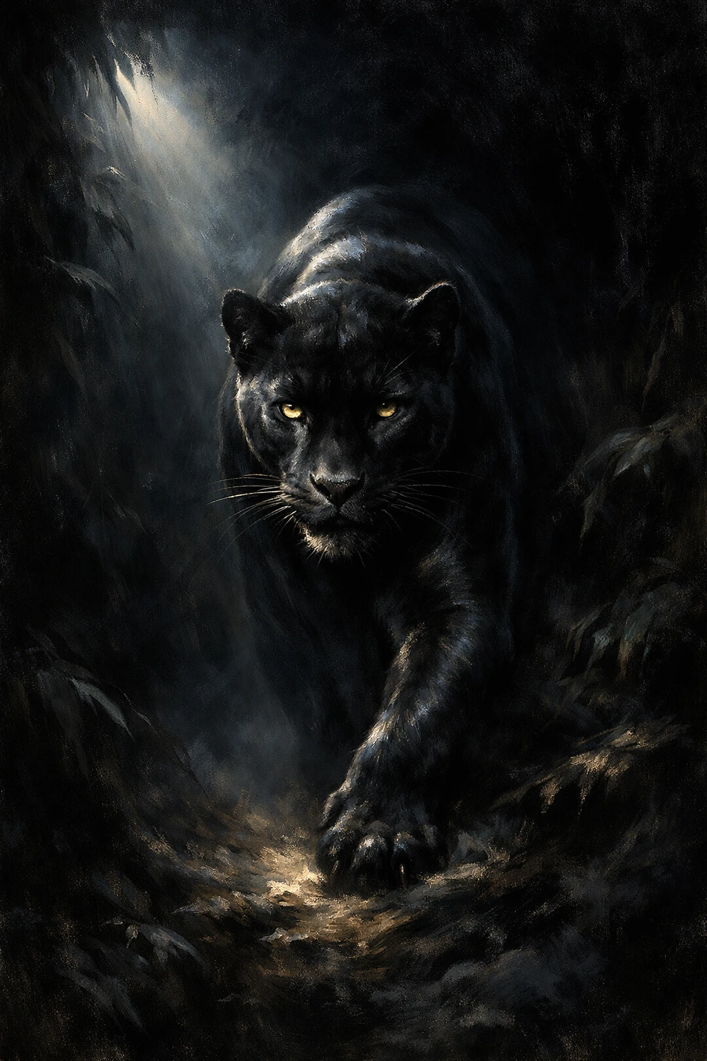 Black panther emerging from shadows in a dark jungle