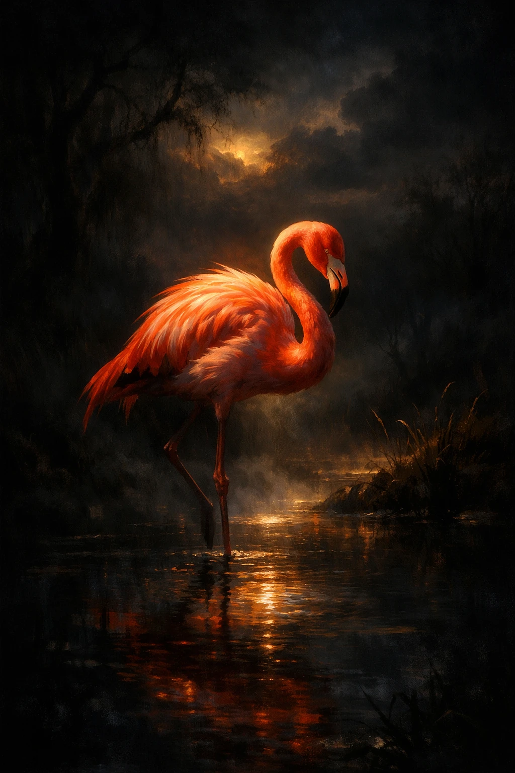 Flamant en Clair-Obscur dans une Zone Humide Sombre au Crépuscule