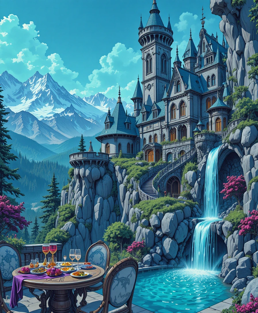 Varanda luxuosa de castelo de fantasia com vista para cachoeira na montanha
