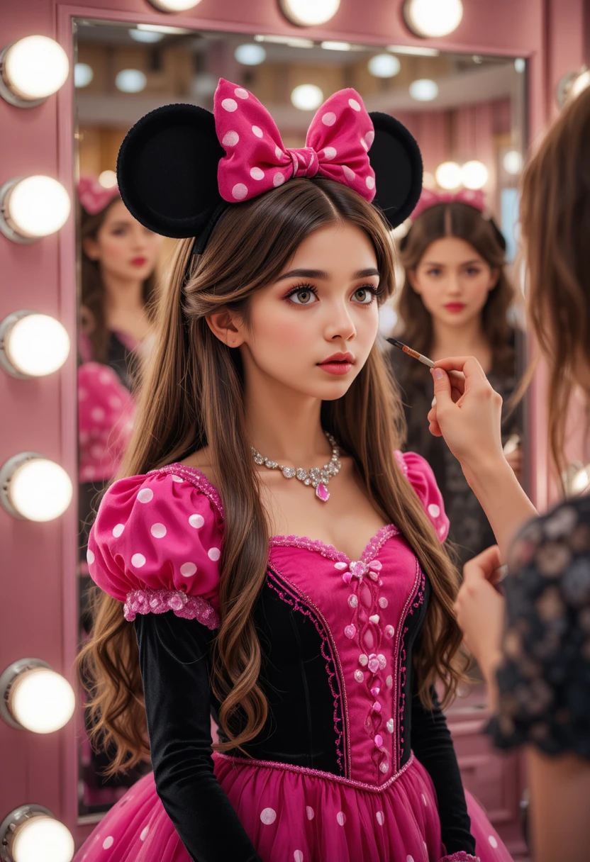 Junger Junge im rosa Minnie-Kleid vor einem Boutique-Schminkspiegel