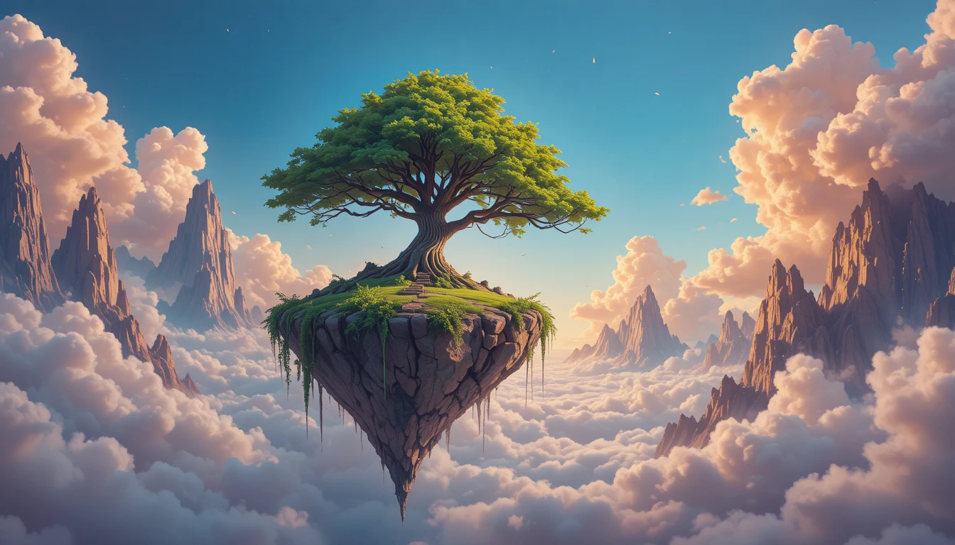 Digital painting of a tree on a floating island in sky