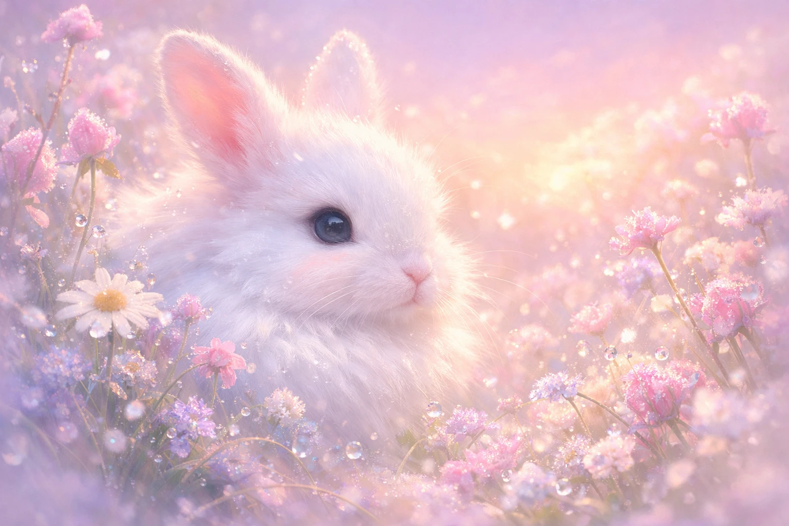 Coelho branco em campo pastel na suave luz do amanhecer
