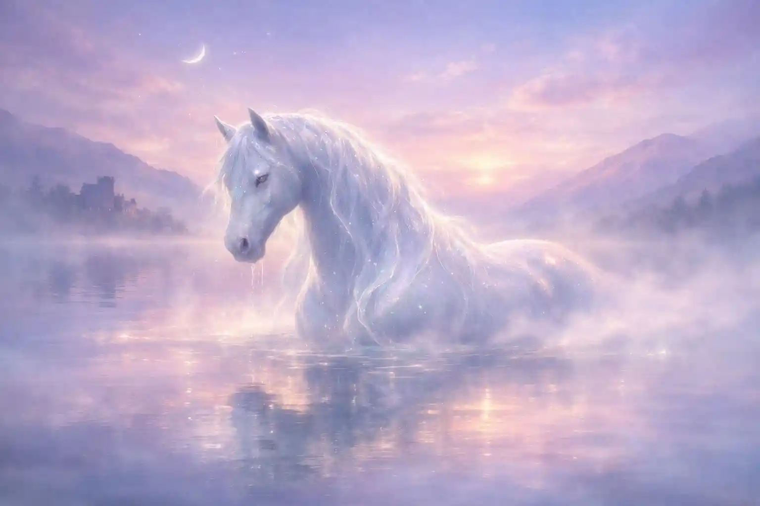 Kelpie doux s’élevant d’un loch brumeux au crépuscule