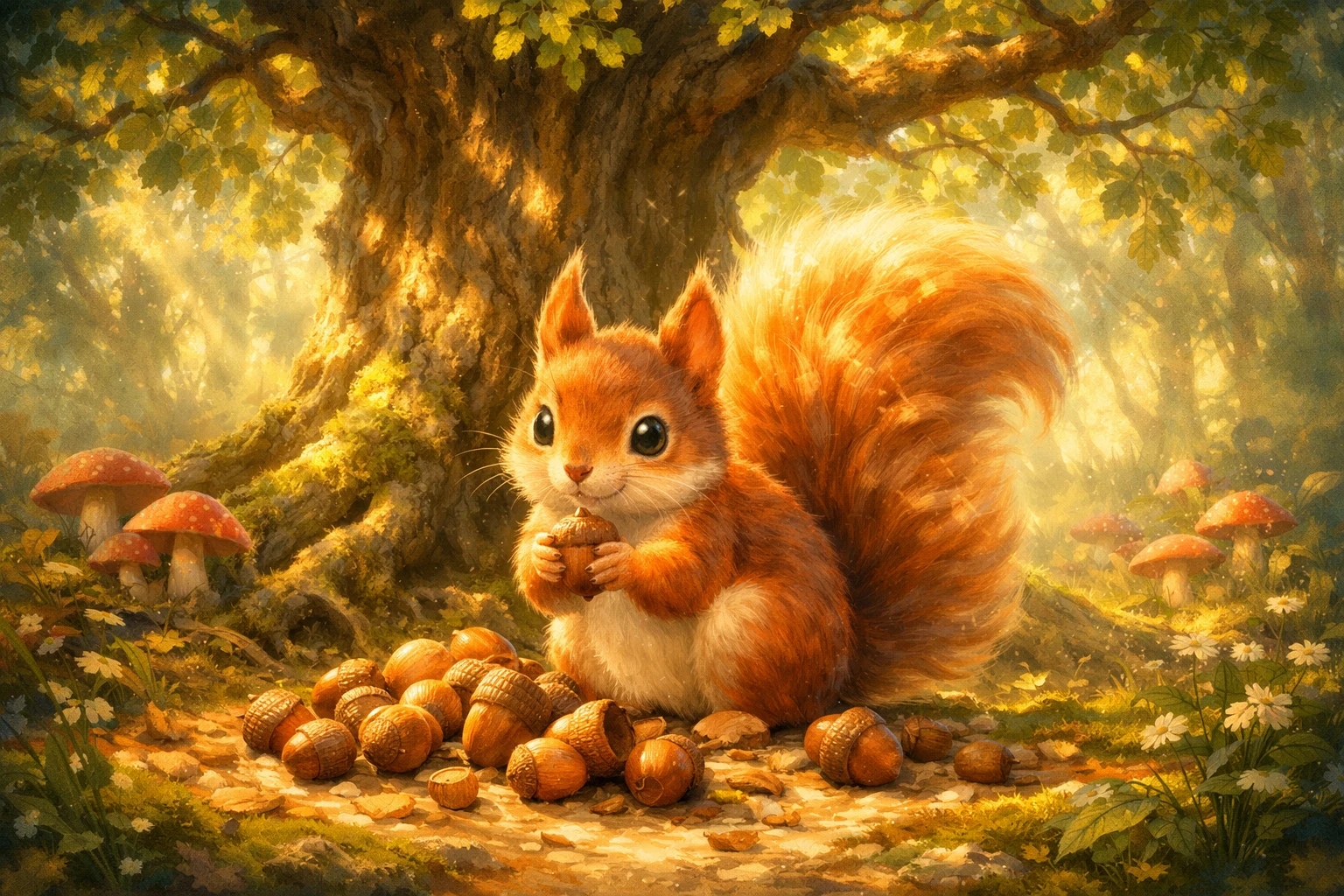 Curious Squirrel Gathering Acorns Under An Ancient Forest Oak