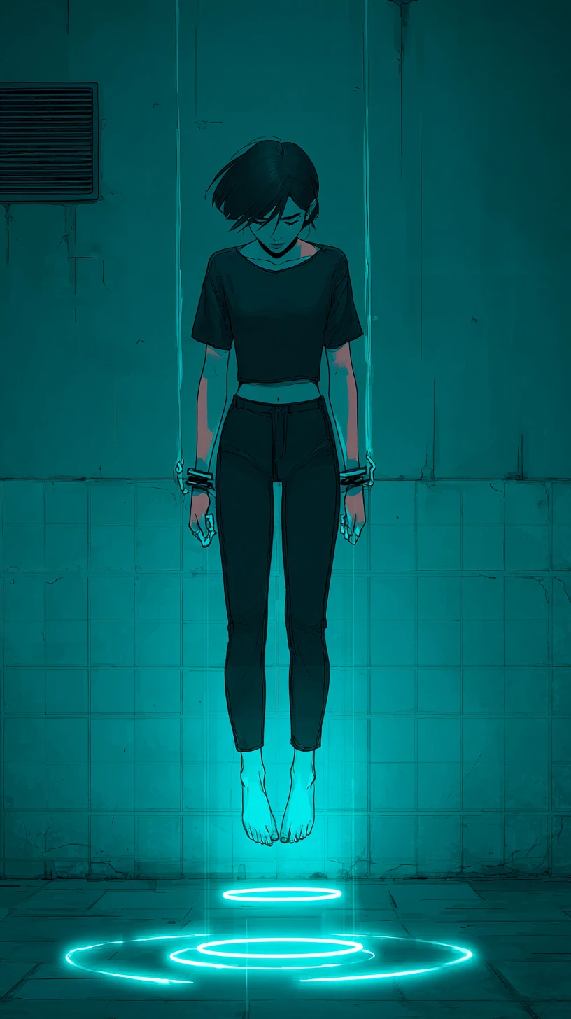Young woman bound by cyan chains in a dark room