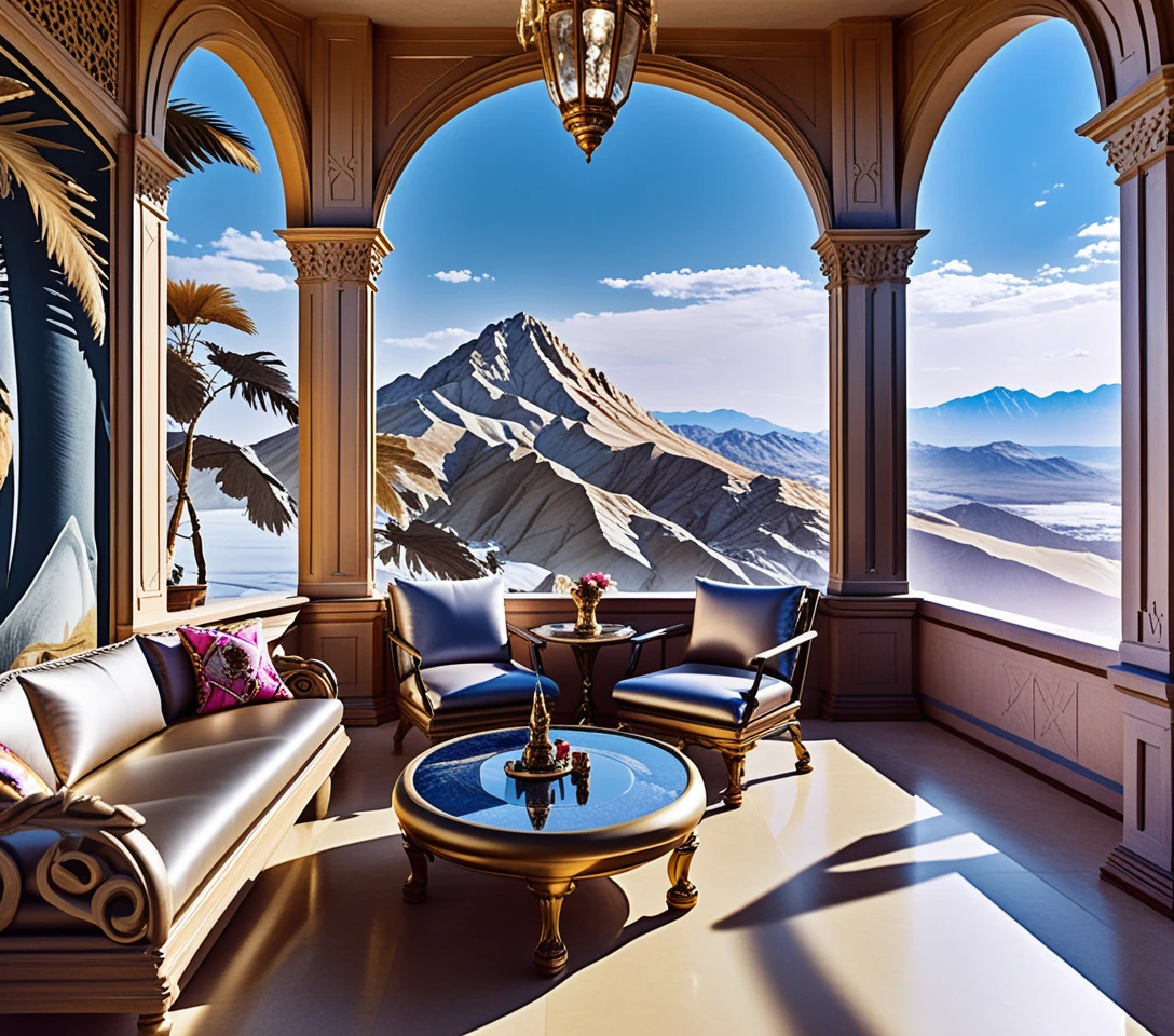 Castelo sombrio de fantasia nas montanhas visto de lounge em varanda ornamentada
