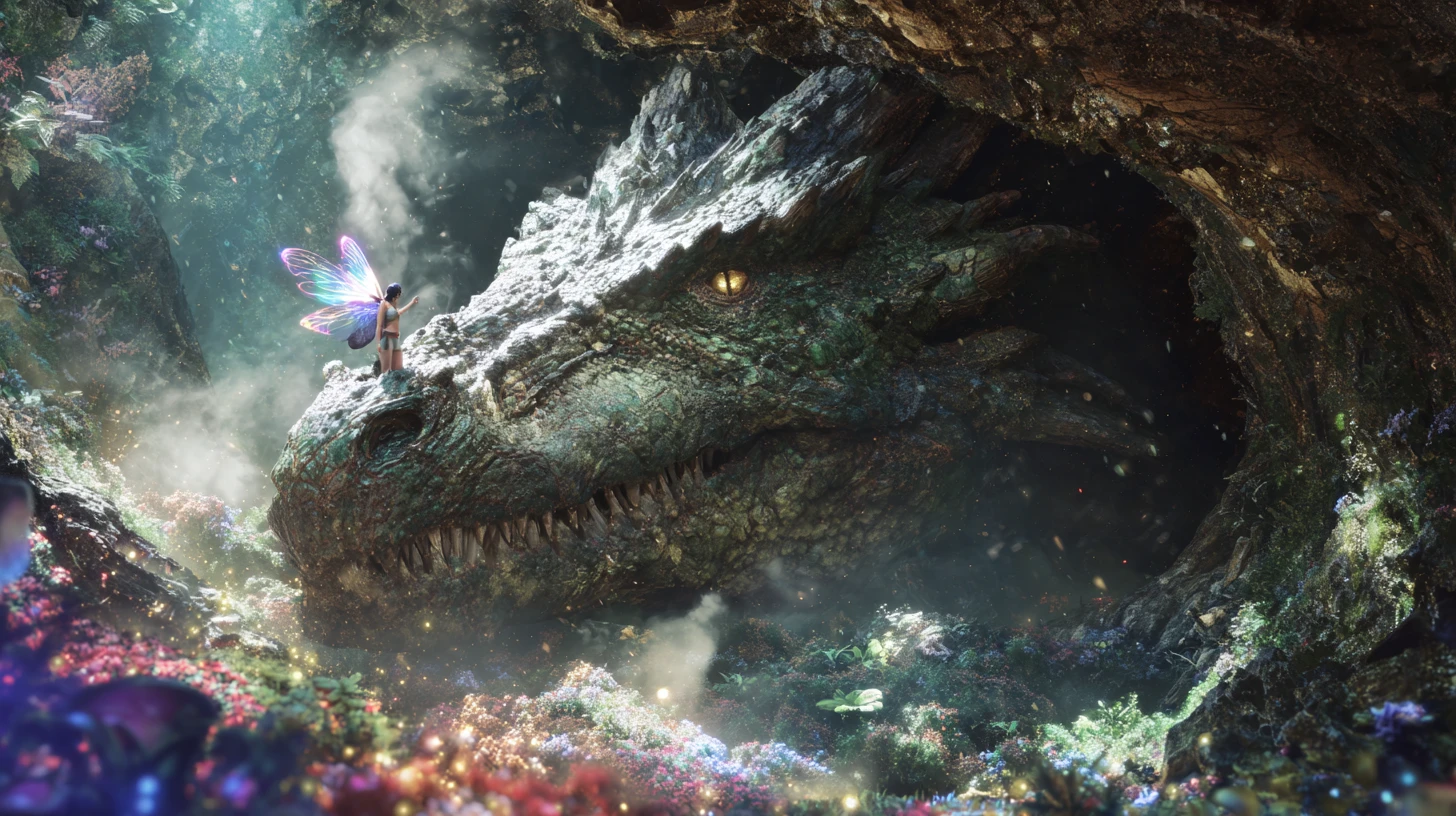 Cinematic dragon emerging from cave with tiny fairy