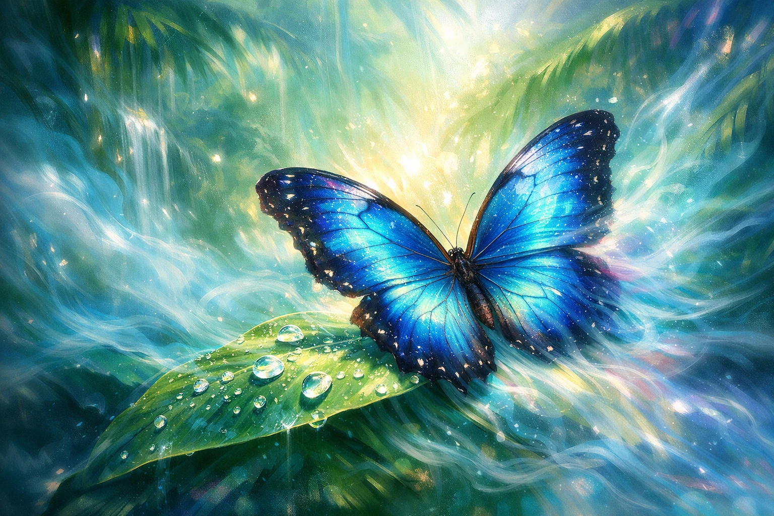 Dreamy blue butterfly on leaf in surreal rainforest glow