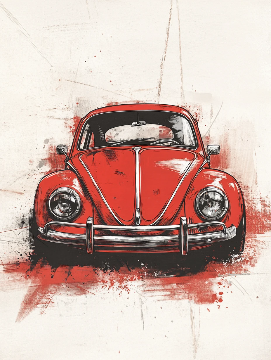 Carro Fusca vermelho vintage em ilustração de esboço expressivo