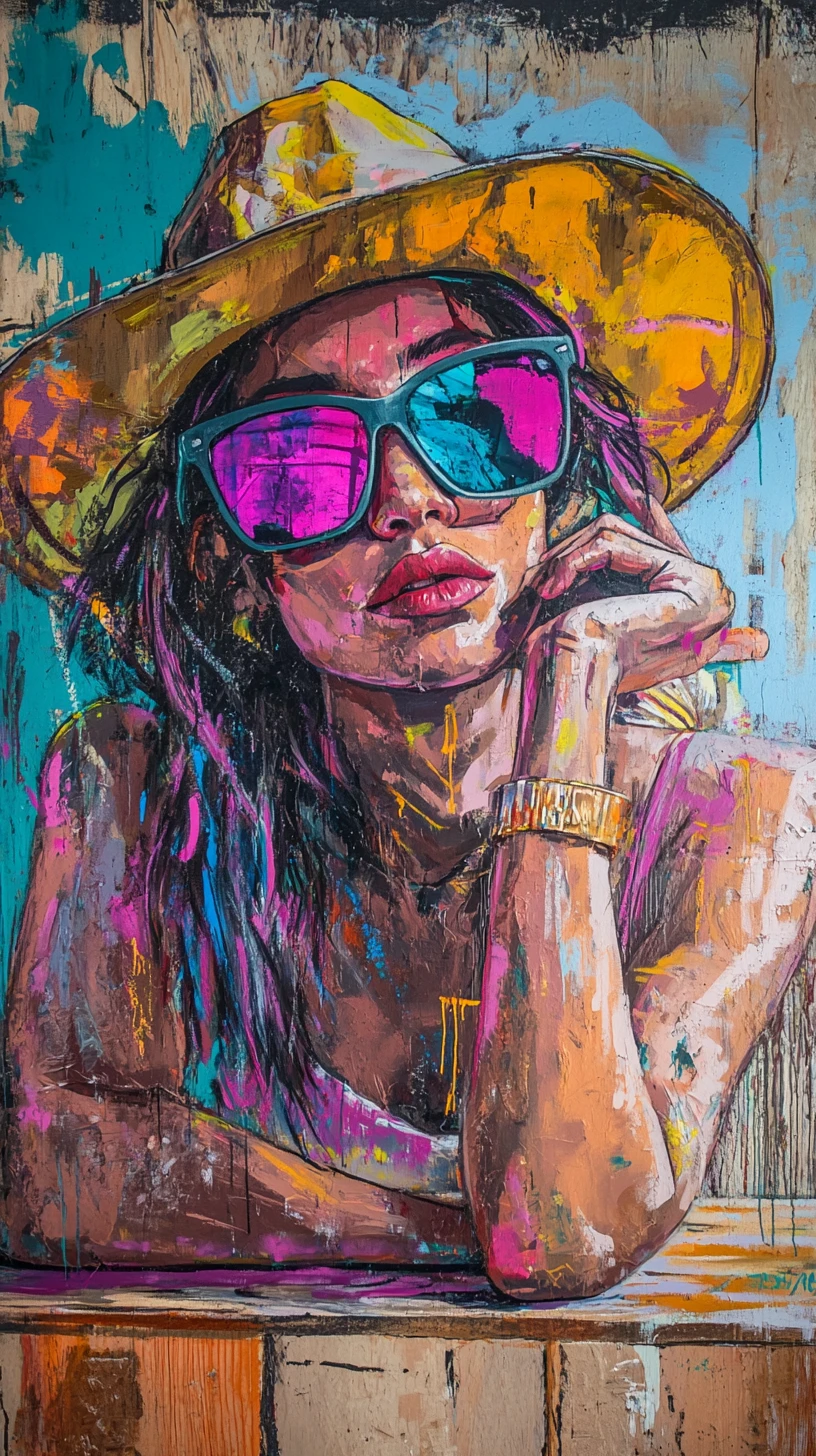 Mulher de óculos de sol em mesa de madeira com grafite urbano