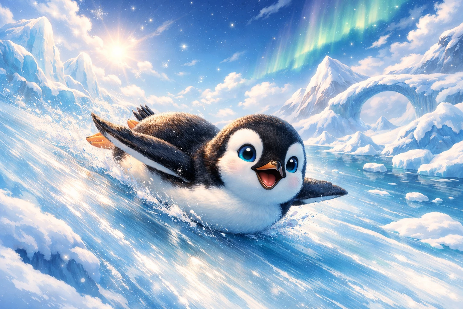 氷の上を滑る遊び好きなペンギンのポーラードリーム